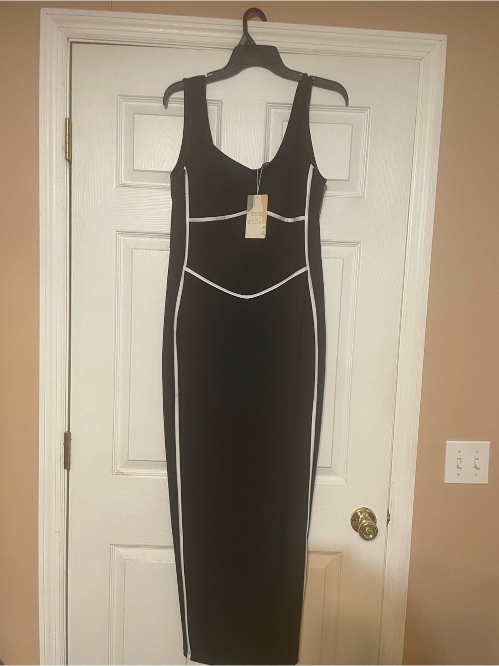 Black Midi Sheath Dress with White Piping